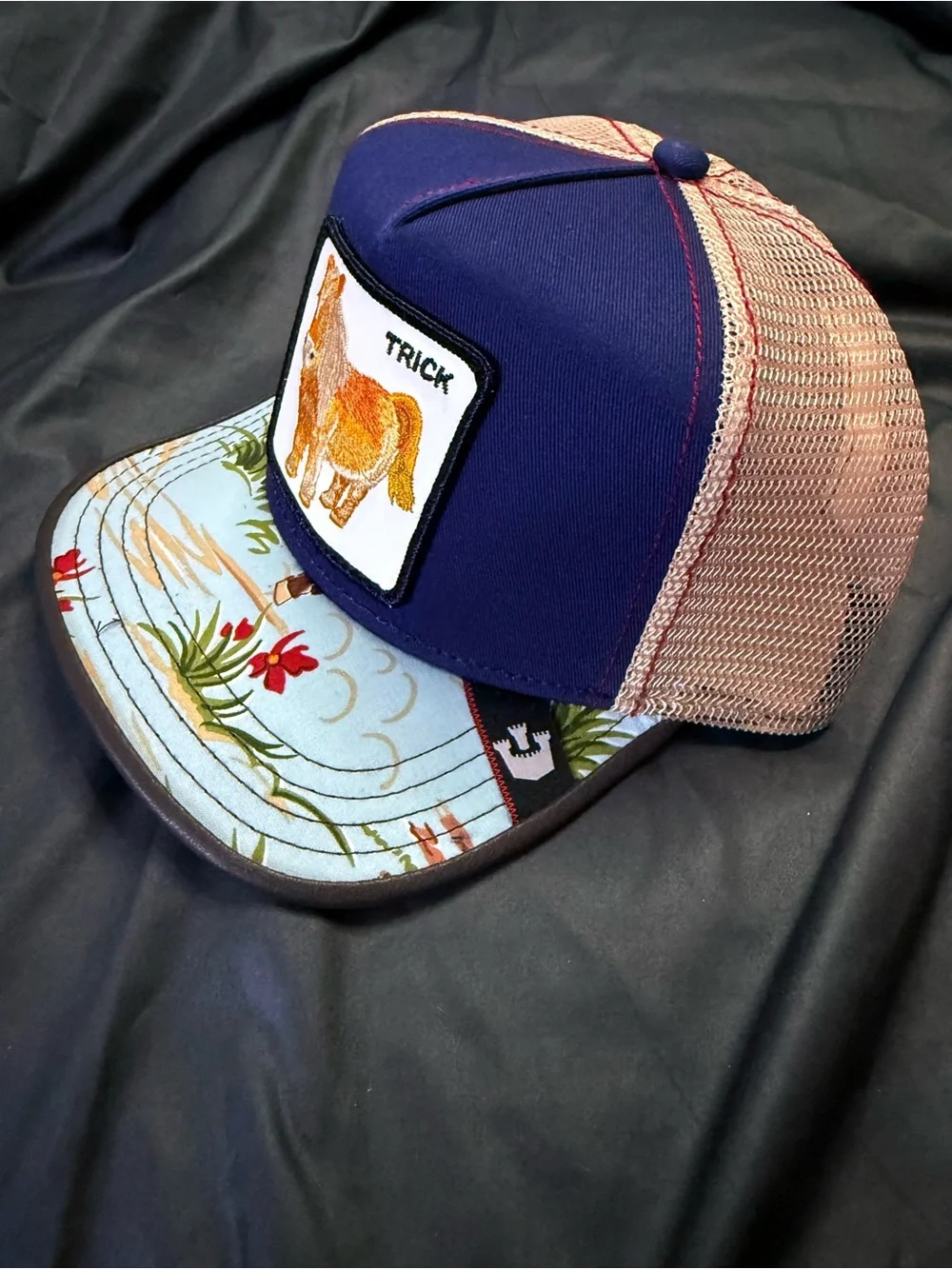 Goorin Bros Navy and Tan Trucker Hat with Pony Patch and Floral Bill - Picture 4 of 8